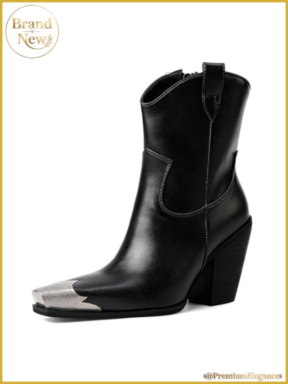 Engraved Steel Toe Cowboy Ankle Boots Stacked Block Heel Faux Leather Western